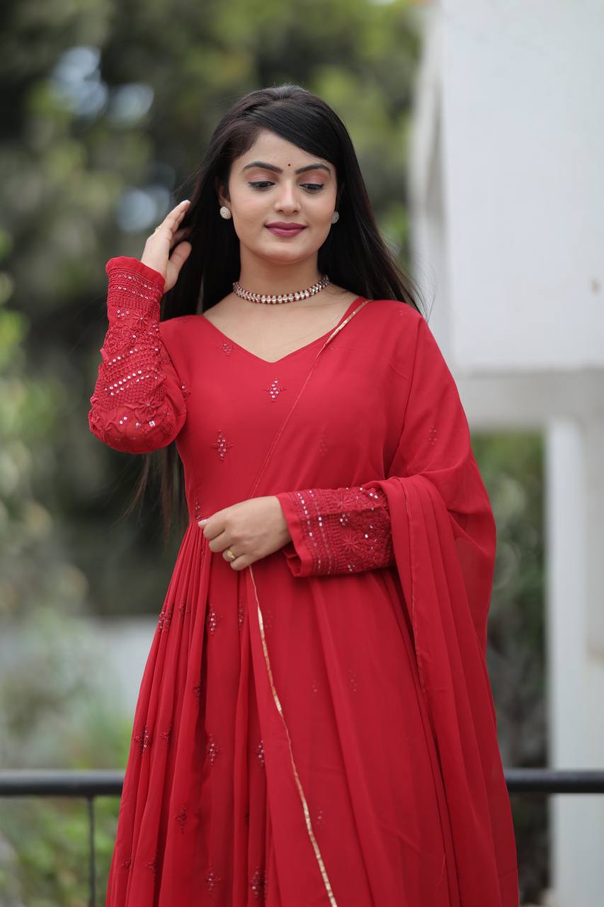 Teeya Creation Maroon Color Georgette Heavy Embroidery And Sequence Work Anarkali With Pants And Dupatta | Grocsy