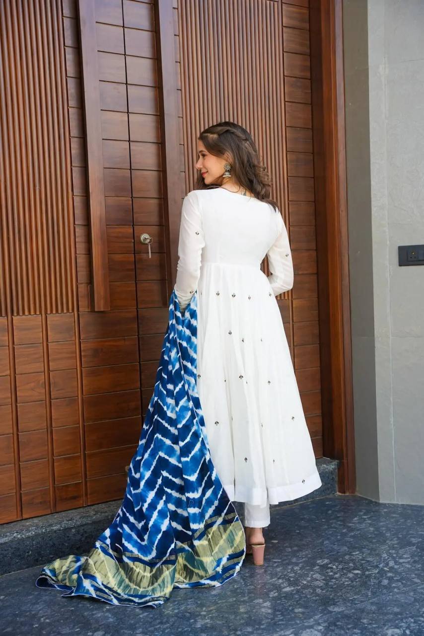 Teeya Creation White Color Roman Cotton Embroidery And Sequence Work Anarkali With Pants And Dupatta | Grocsy