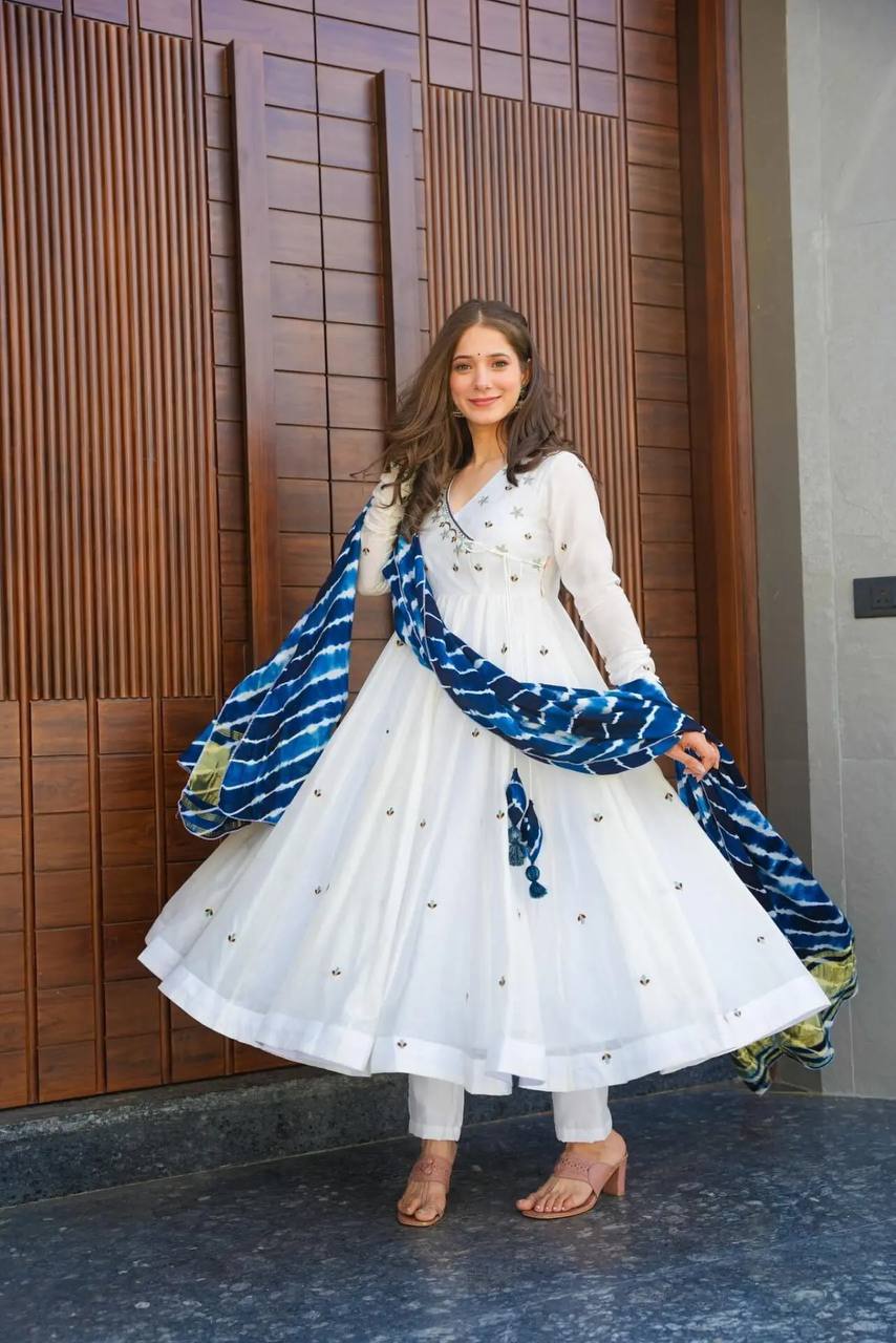 Teeya Creation White Color Roman Cotton Embroidery And Sequence Work Anarkali With Pants And Dupatta | Grocsy