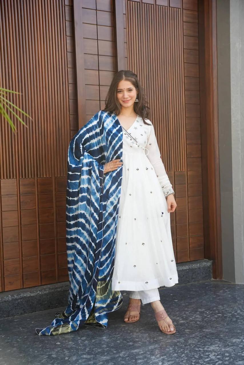 Teeya Creation White Color Roman Cotton Embroidery And Sequence Work Anarkali With Pants And Dupatta | Grocsy