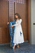 Teeya Creation White Color Roman Cotton Embroidery And Sequence Work Anarkali With Pants And Dupatta | Grocsy