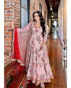 Teeya Creation Pink Colour Faux Georgette Digital Print With Embroidery And Sequence Work Anarkali With Pants And Dupatta | Grocsy
