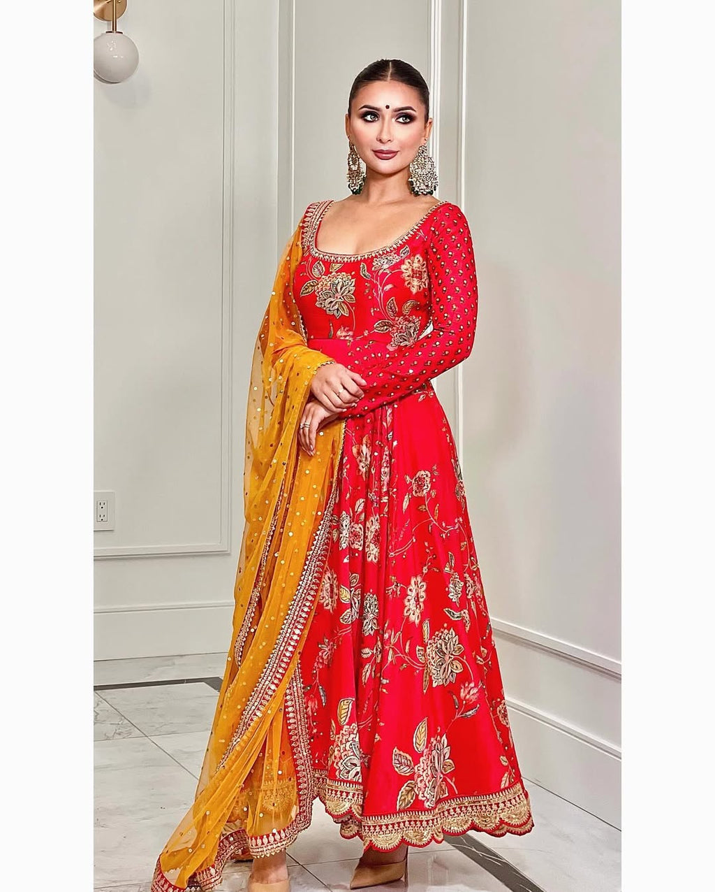 Teeya Creation Red Colour Georgette Beautiful Digital Print With Embroidery Work Lace Long Gown | Grocsy