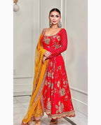 Teeya Creation Red Colour Georgette Beautiful Digital Print With Embroidery Work Lace Long Gown | Grocsy