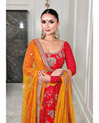 Teeya Creation Red Colour Georgette Beautiful Digital Print With Embroidery Work Lace Long Gown | Grocsy