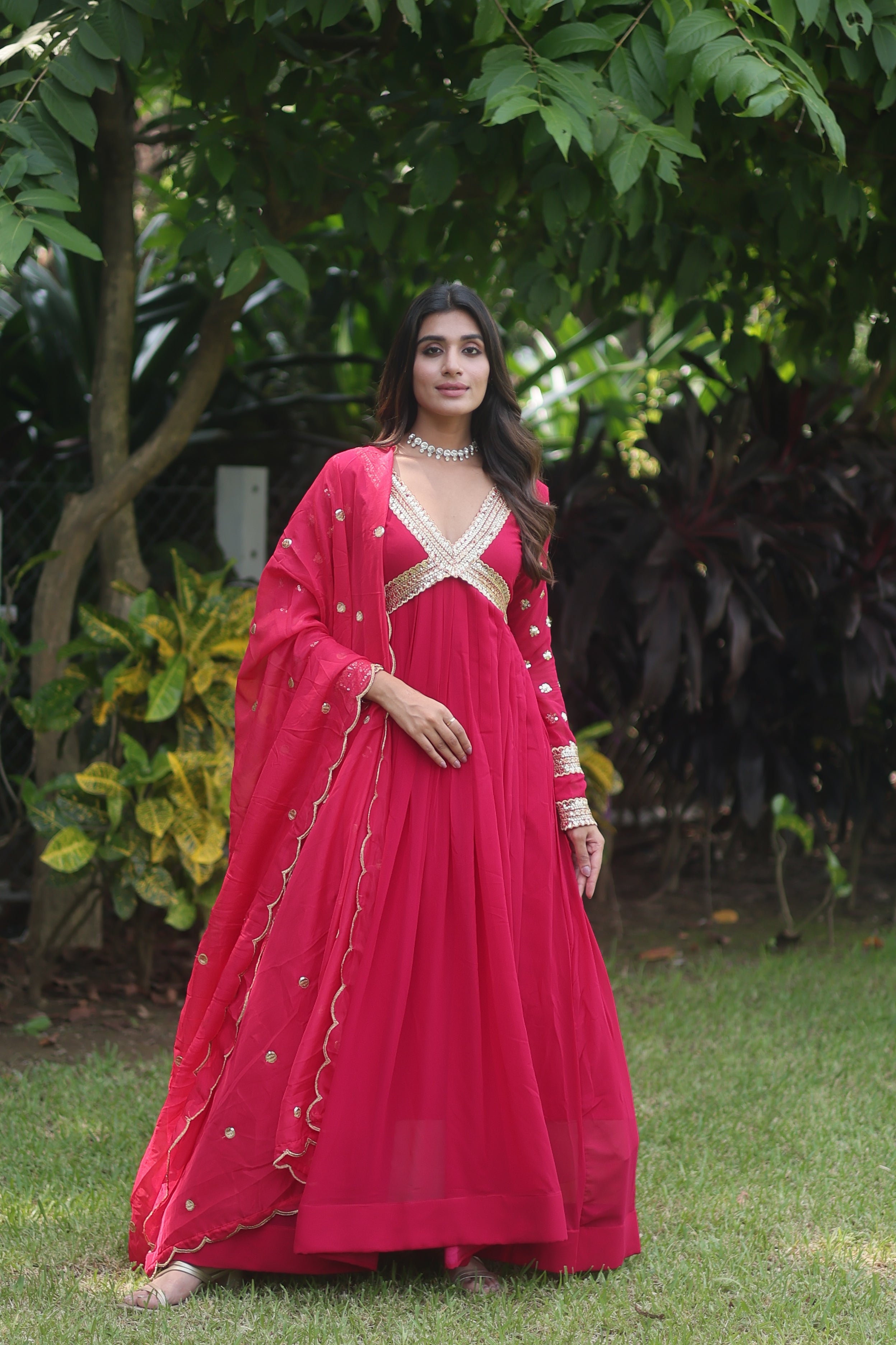 Teeya Creation Pink Color Faux Georgette Embroidery Work Fully Stitched Long Gown | Grocsy