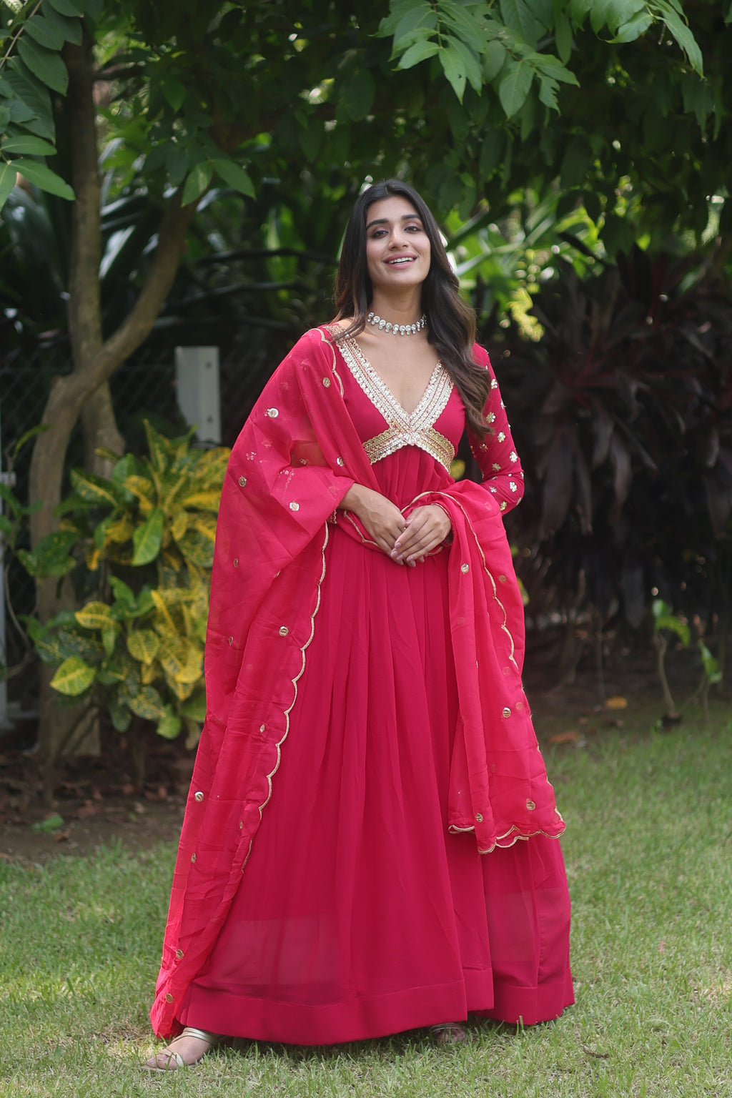 Teeya Creation Pink Color Faux Georgette Embroidery Work Fully Stitched Long Gown | Grocsy