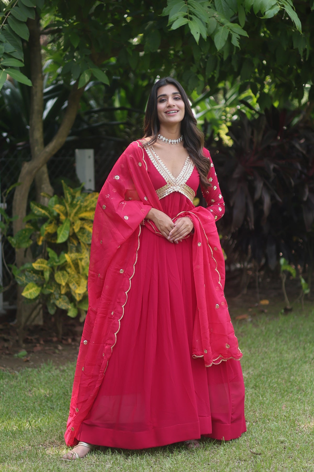 Teeya Creation Pink Color Faux Georgette Embroidery Work Fully Stitched Long Gown | Grocsy