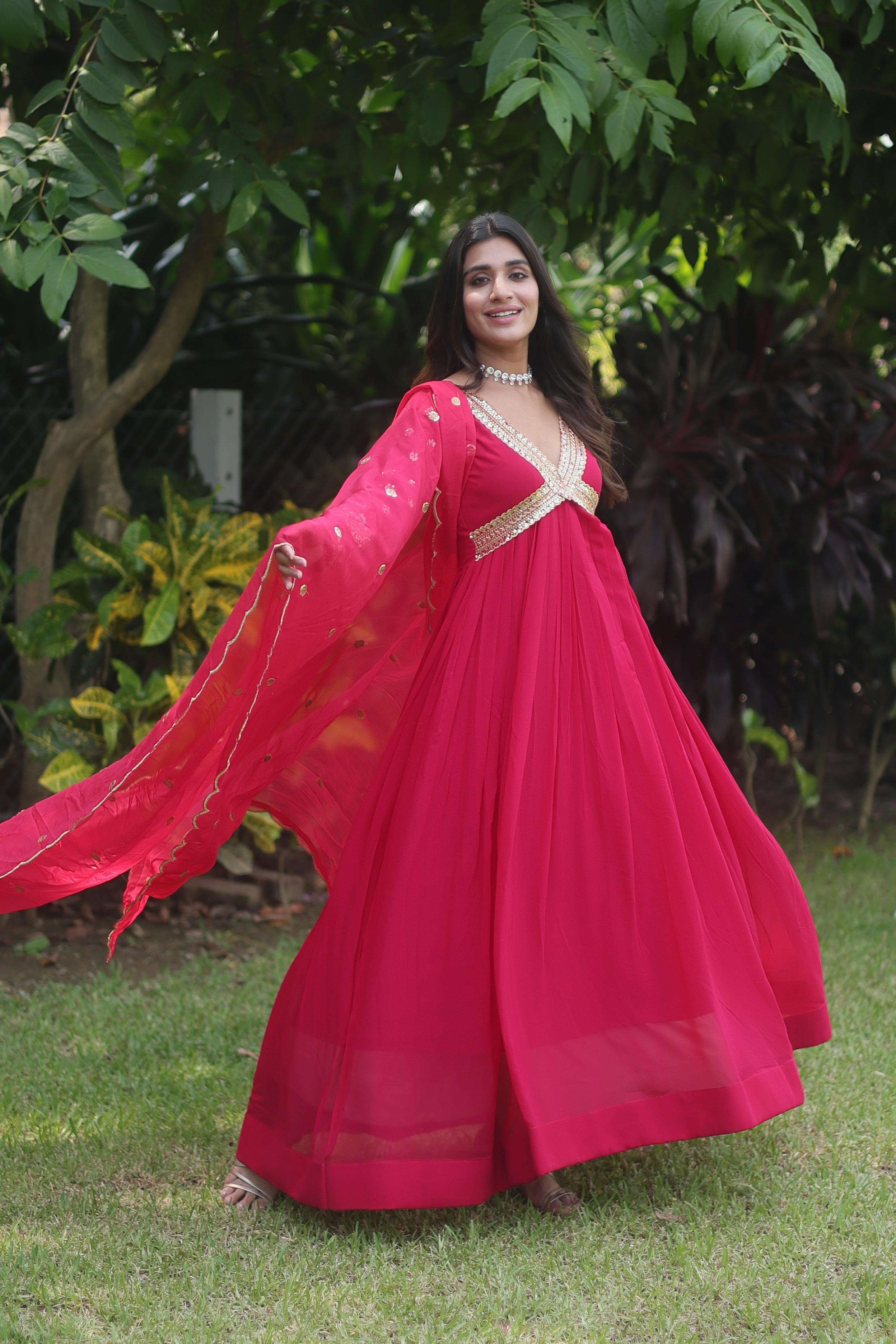Teeya Creation Pink Color Faux Georgette Embroidery Work Fully Stitched Long Gown | Grocsy