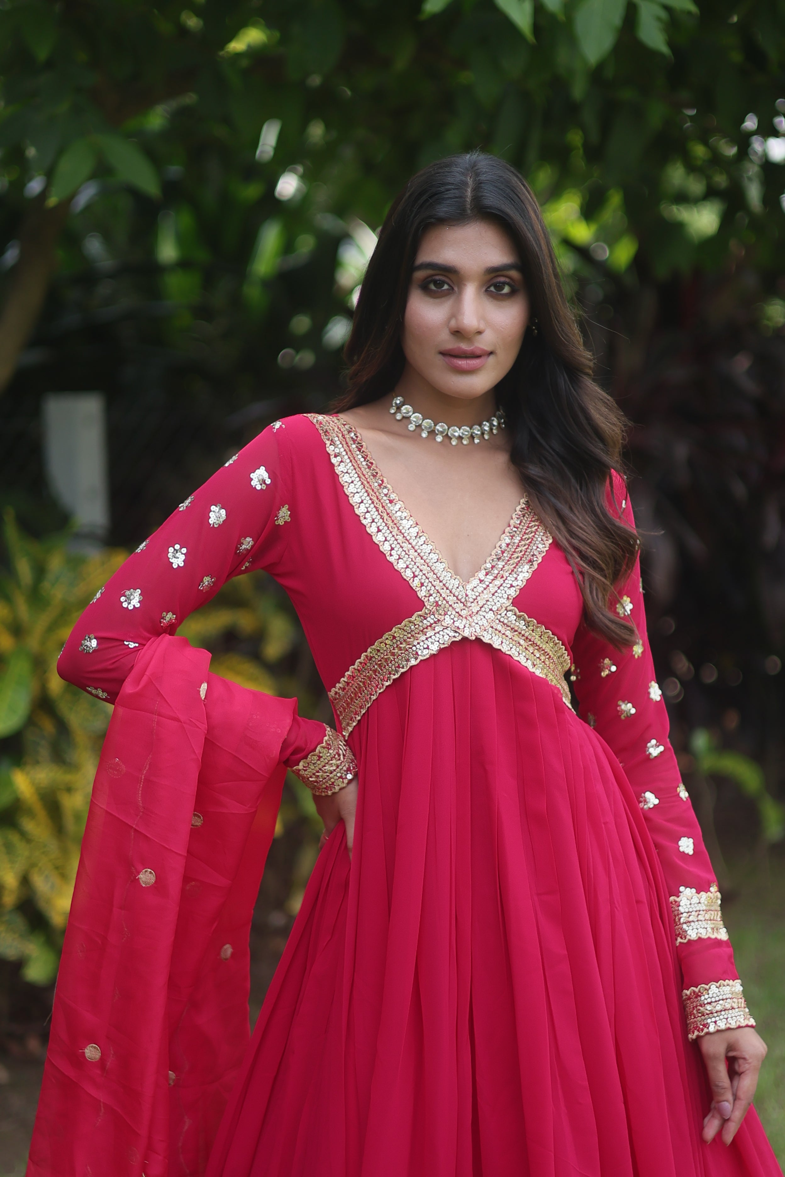 Teeya Creation Pink Color Faux Georgette Embroidery Work Fully Stitched Long Gown | Grocsy