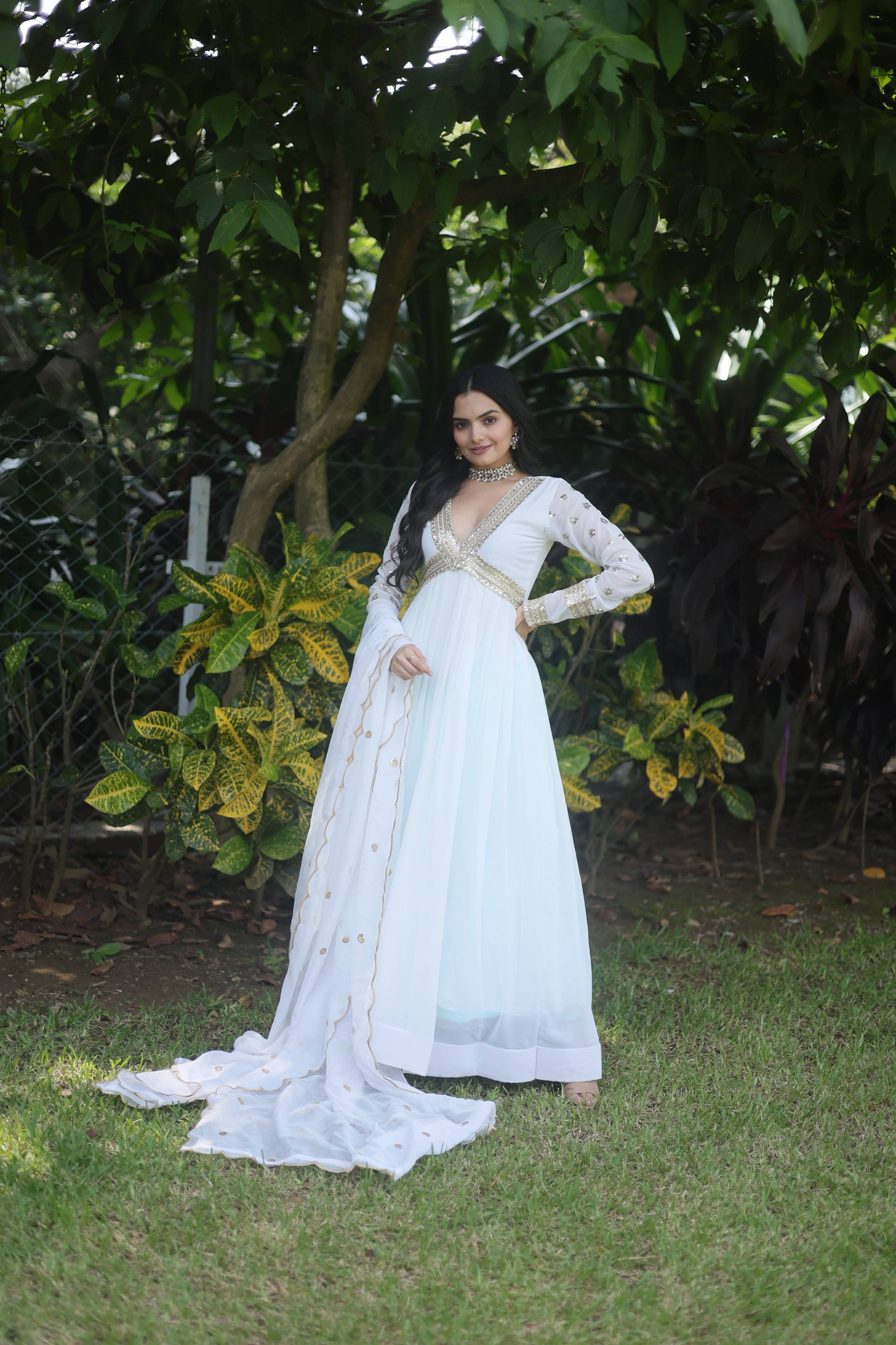 Teeya Creation White Color Faux Georgette Embroidery Work Fully Stitched Long Gown | Grocsy