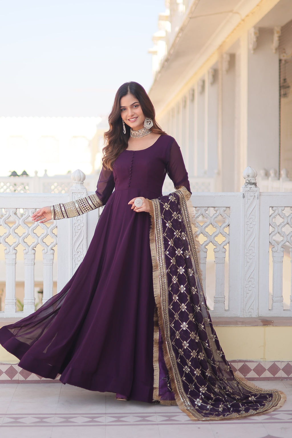 Teeya Creation Wine Color Faux Georgette Fully Stitched Gown | Grocsy