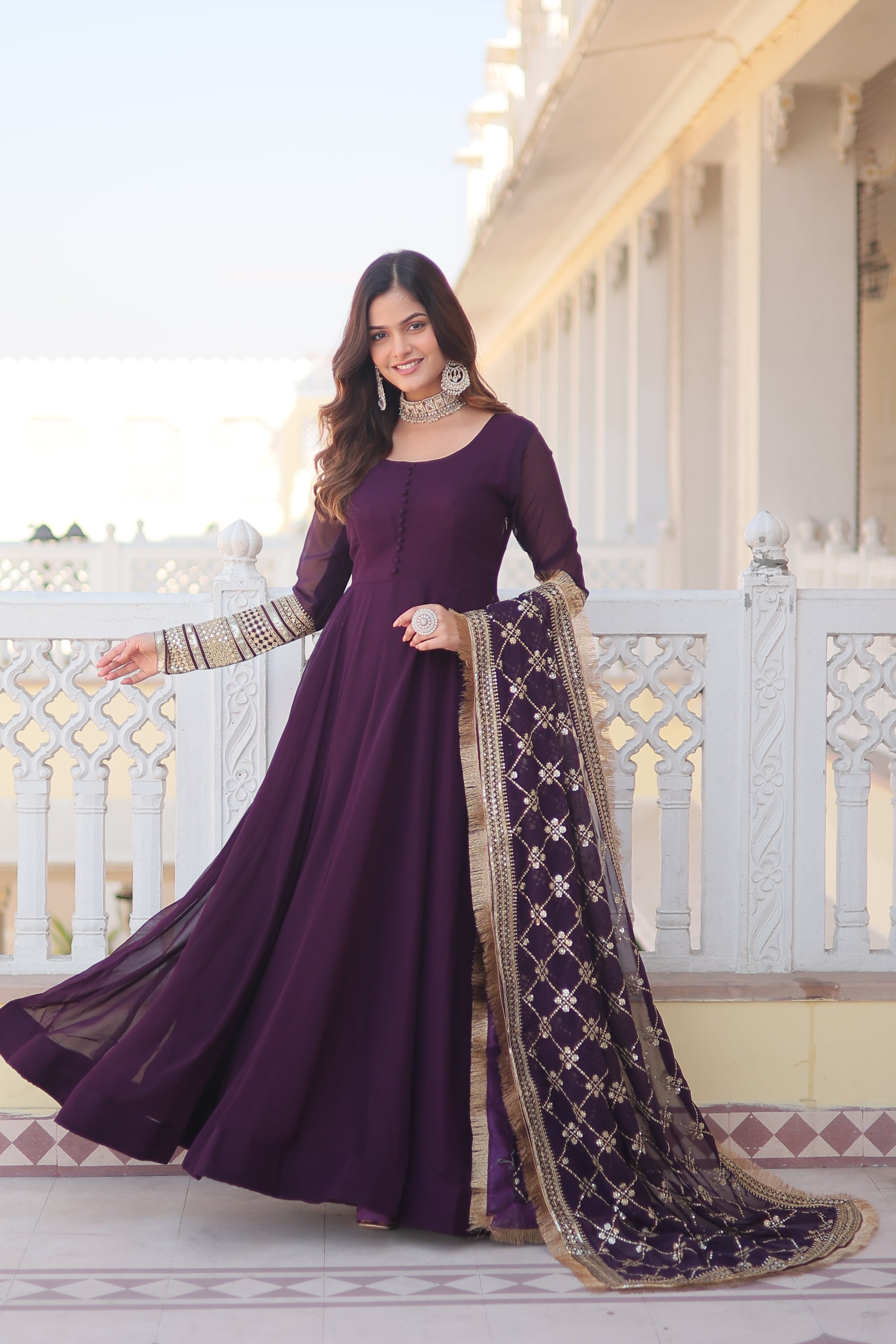Teeya Creation Wine Color Faux Georgette Fully Stitched Gown | Grocsy
