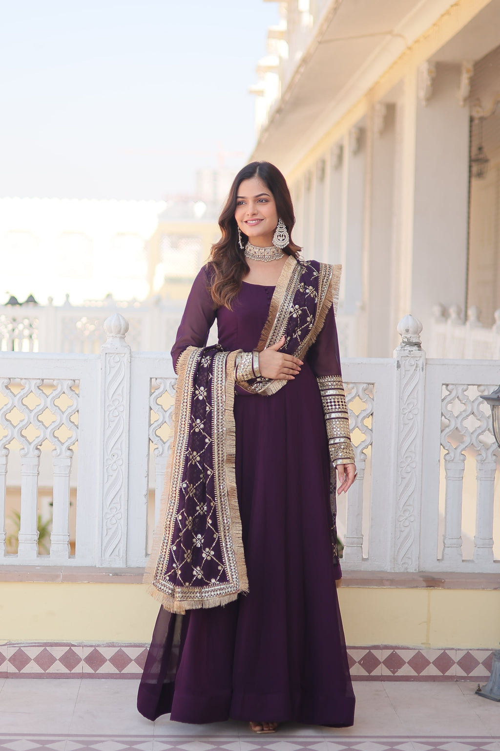 Teeya Creation Wine Color Faux Georgette Fully Stitched Gown | Grocsy