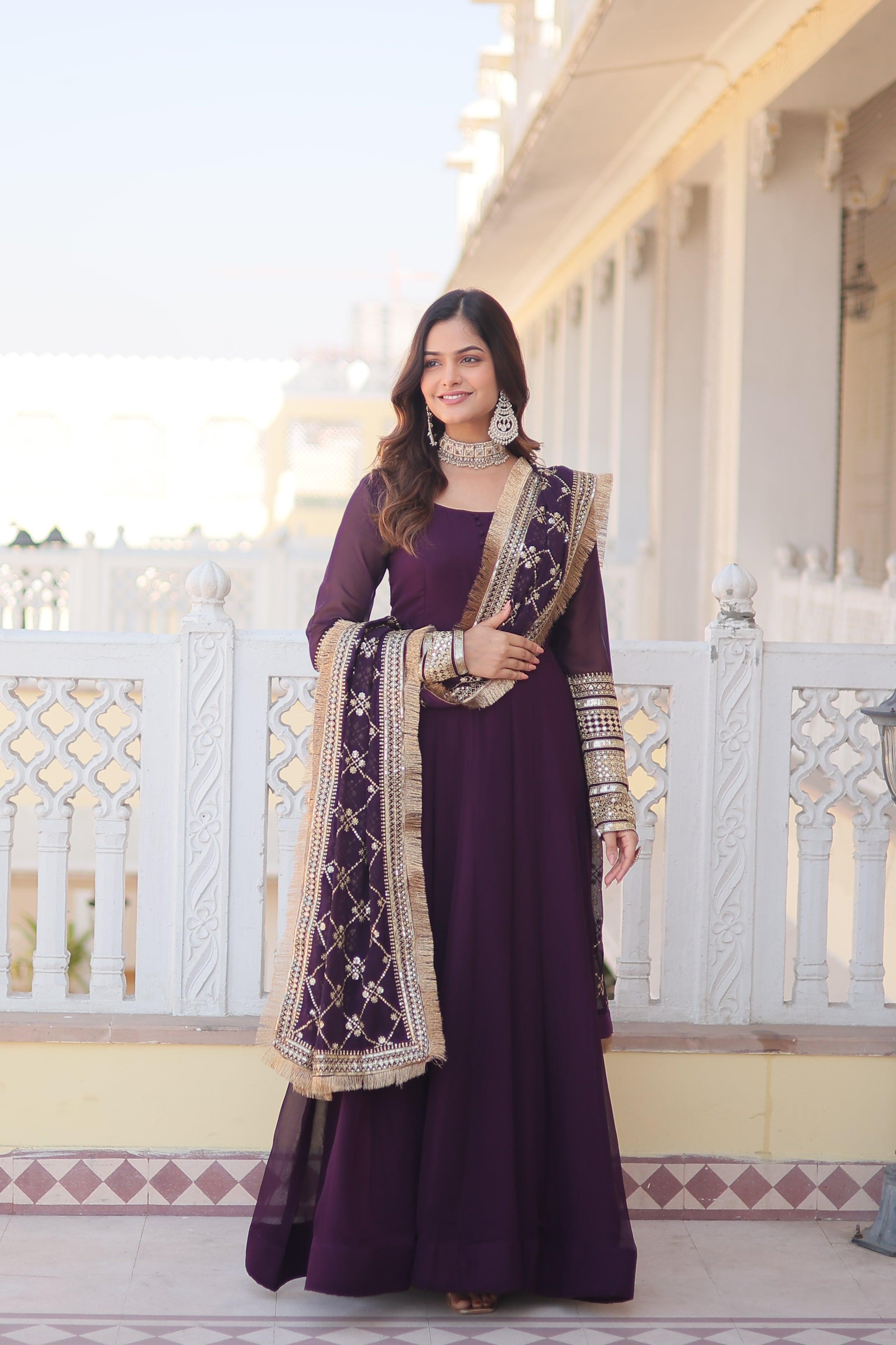 Teeya Creation Wine Color Faux Georgette Fully Stitched Gown | Grocsy