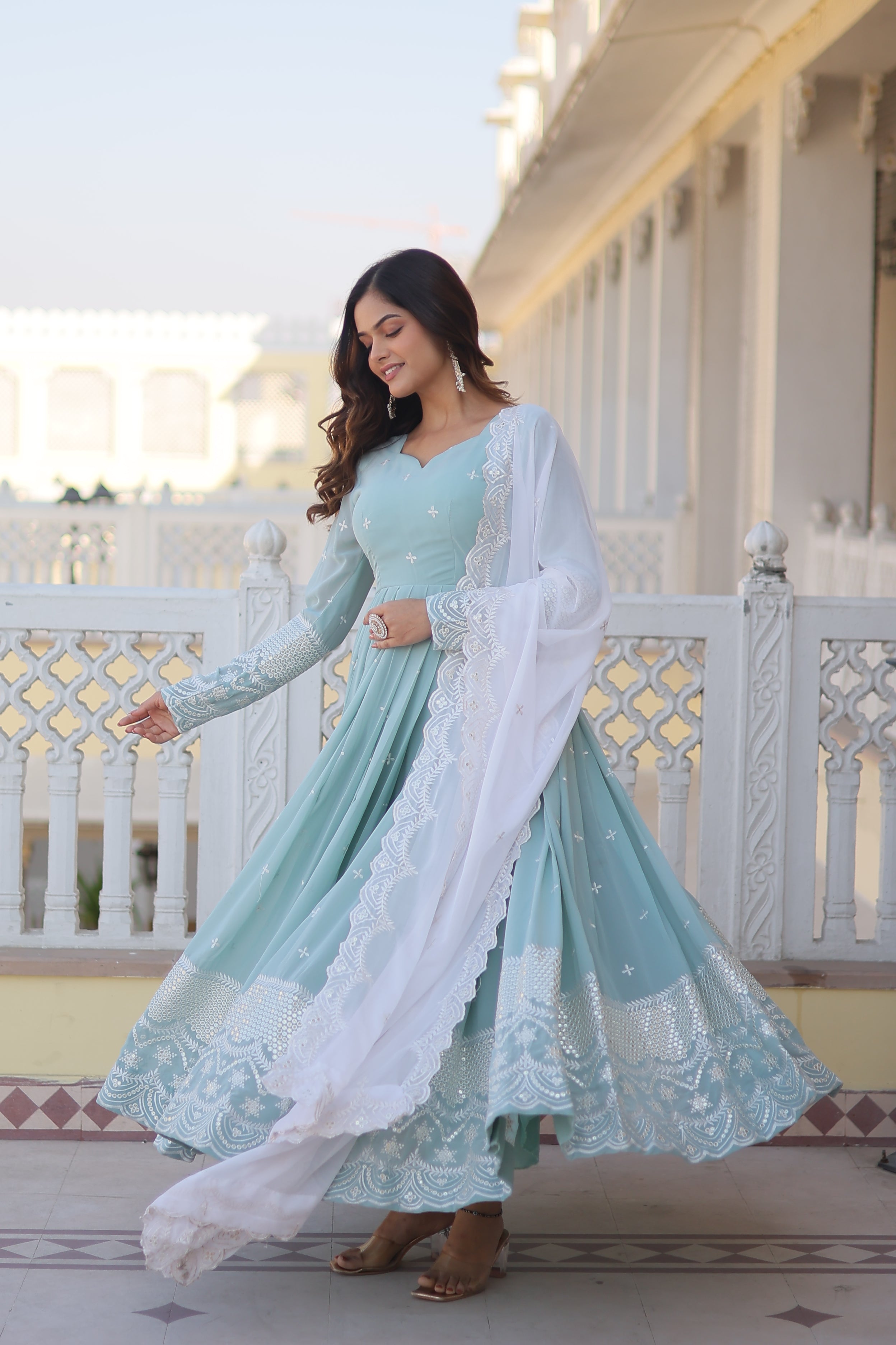 Teeya Creation Sky Blue Color Faux Georgette Embroidery And Sequence Work Fully Stitched Anarkali Gown | Grocsy