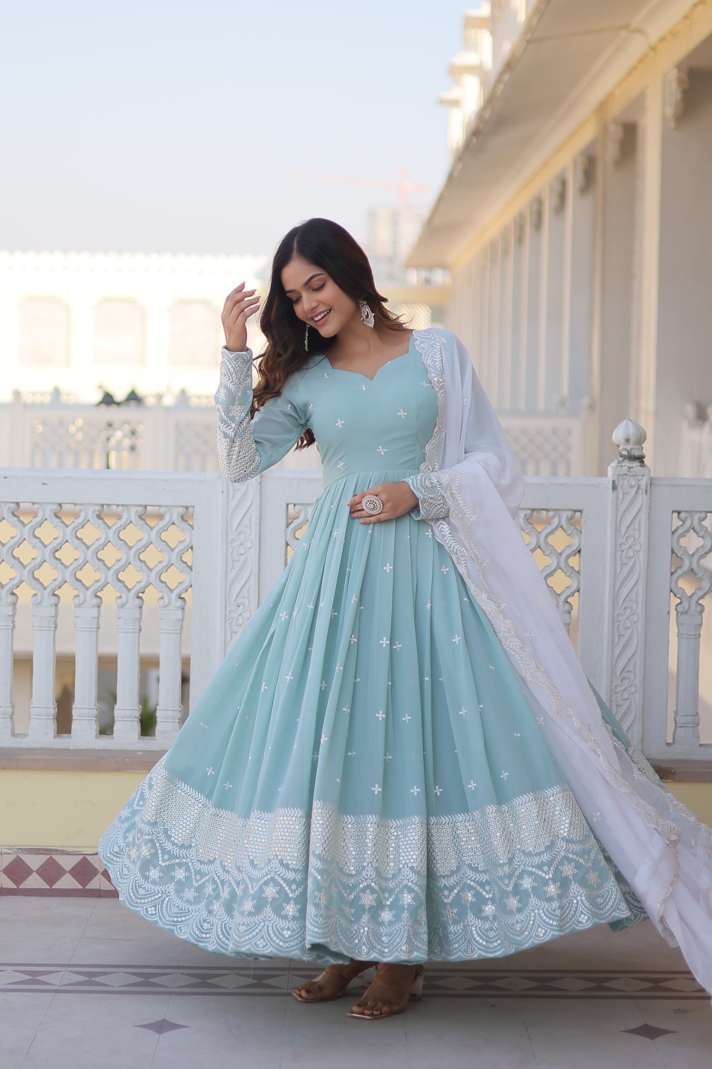 Teeya Creation Sky Blue Color Faux Georgette Embroidery And Sequence Work Fully Stitched Anarkali Gown | Grocsy
