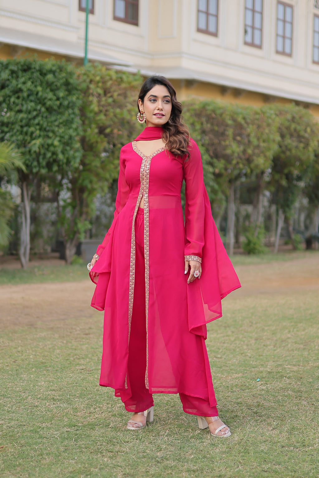 Teeya Creation Pink Color Faux Georgette Embroidery Work Fully Stitched Long Kurti | Grocsy
