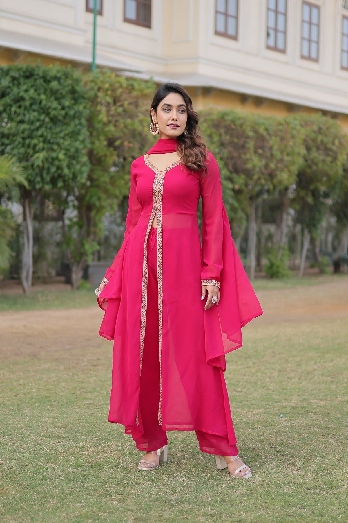 Teeya Creation Pink Color Faux Georgette Embroidery Work Fully Stitched Long Kurti | Grocsy