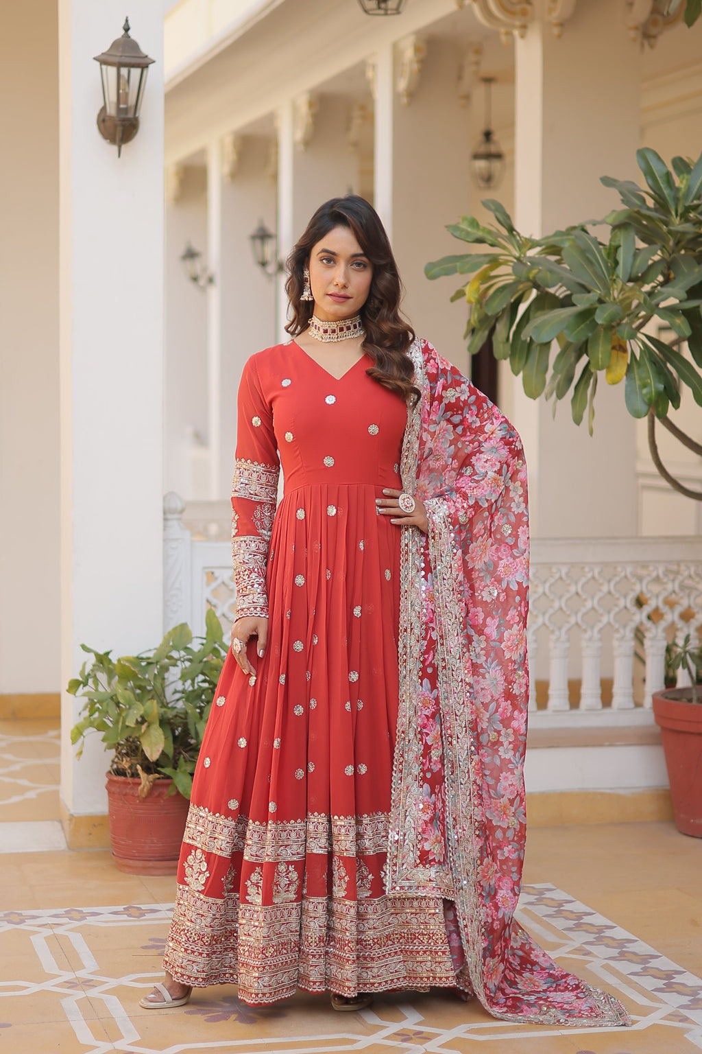 Teeya Creation Red Color Faux Georgette Embroidery And Sequence Work Fully Stitched Anarkali Gown | Grocsy