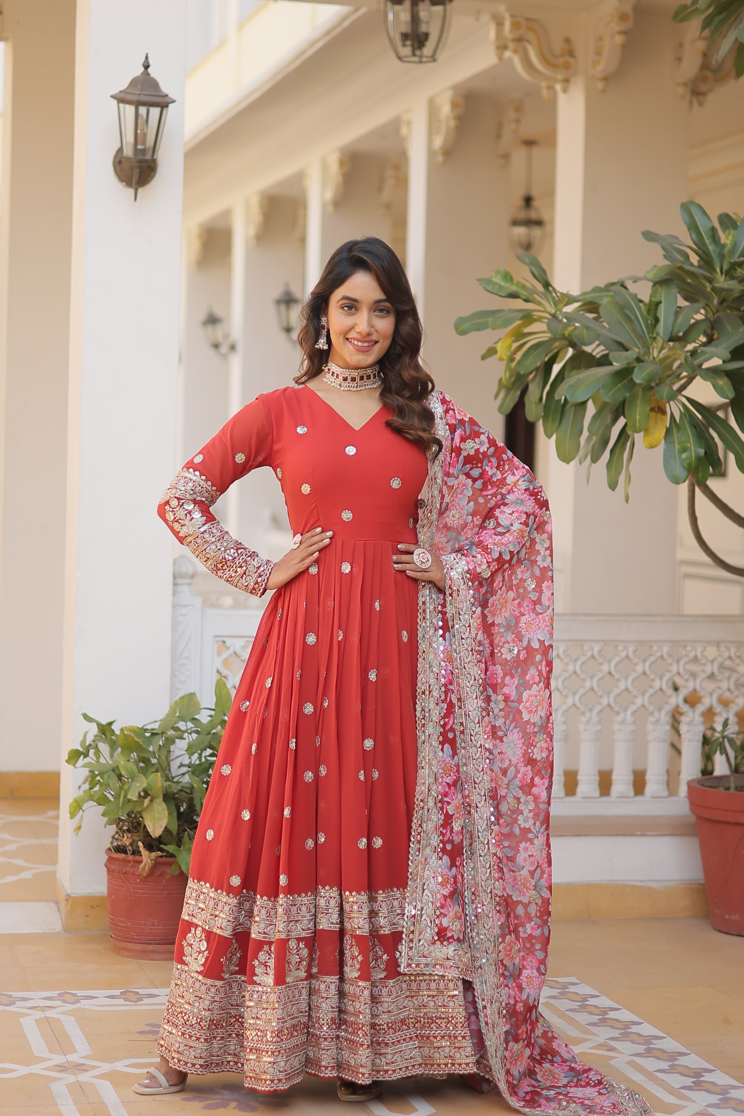 Teeya Creation Red Color Faux Georgette Embroidery And Sequence Work Fully Stitched Anarkali Gown | Grocsy