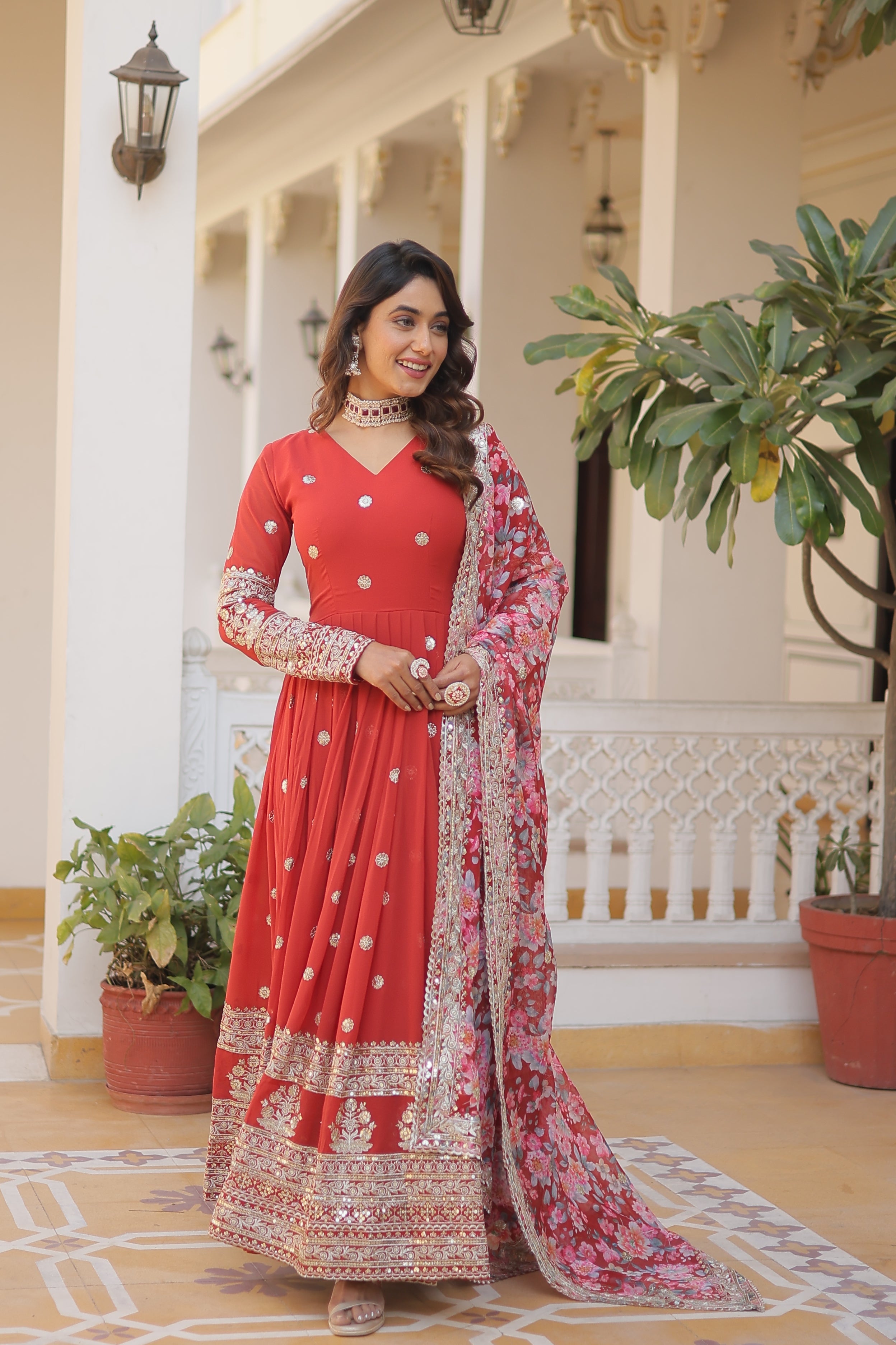 Teeya Creation Red Color Faux Georgette Embroidery And Sequence Work Fully Stitched Anarkali Gown | Grocsy