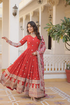 Teeya Creation Red Color Faux Georgette Embroidery And Sequence Work Fully Stitched Anarkali Gown | Grocsy