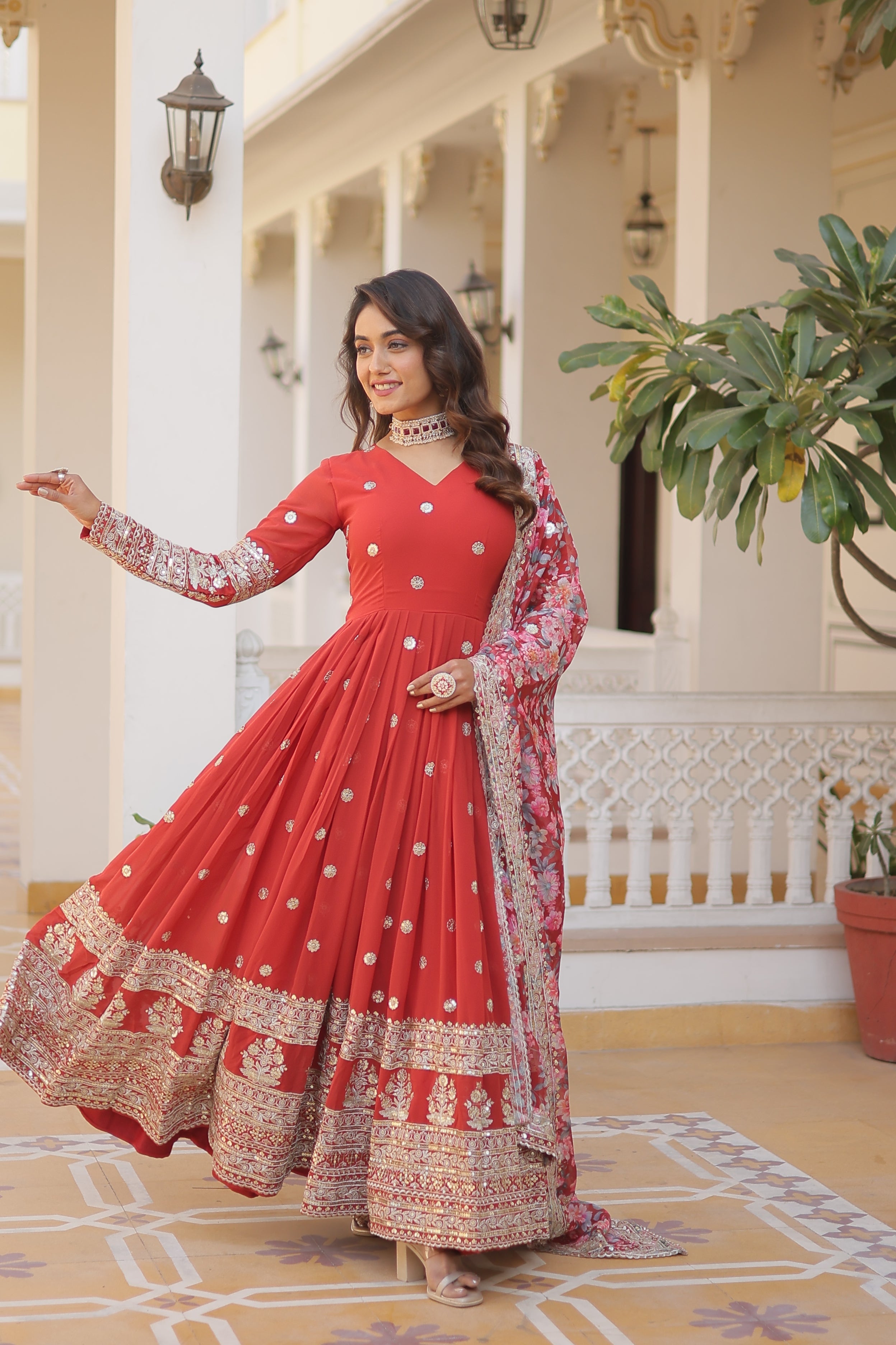Teeya Creation Red Color Faux Georgette Embroidery And Sequence Work Fully Stitched Anarkali Gown | Grocsy