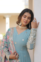 Teeya Creation Sky Color Faux Georgette Embroidery And Sequence Work Fully Stitched Anarkali Gown | Grocsy