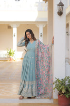 Teeya Creation Sky Color Faux Georgette Embroidery And Sequence Work Fully Stitched Anarkali Gown | Grocsy
