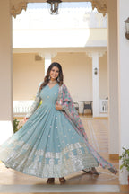 Teeya Creation Sky Color Faux Georgette Embroidery And Sequence Work Fully Stitched Anarkali Gown | Grocsy