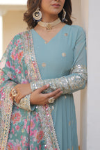 Teeya Creation Sky Color Faux Georgette Embroidery And Sequence Work Fully Stitched Anarkali Gown | Grocsy