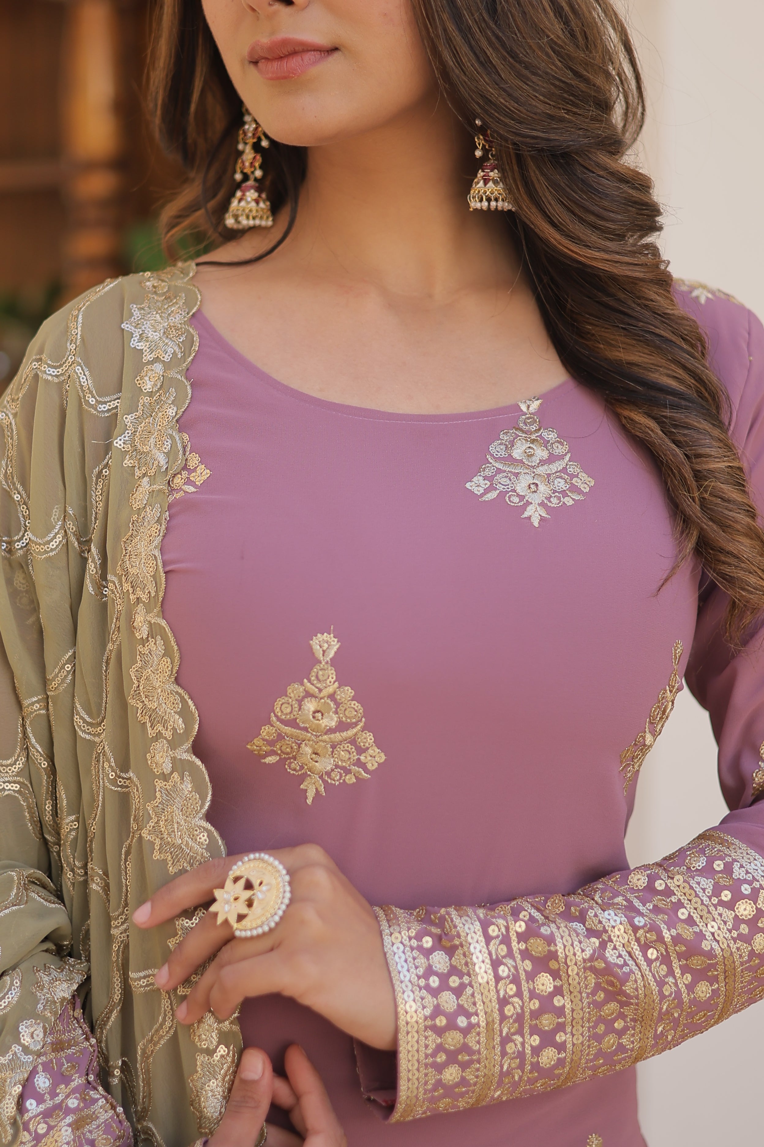 Teeya Creation Onion Color Faux Georgette Heavy Embroidery Work Fully Stitched Plazo pair | Grocsy