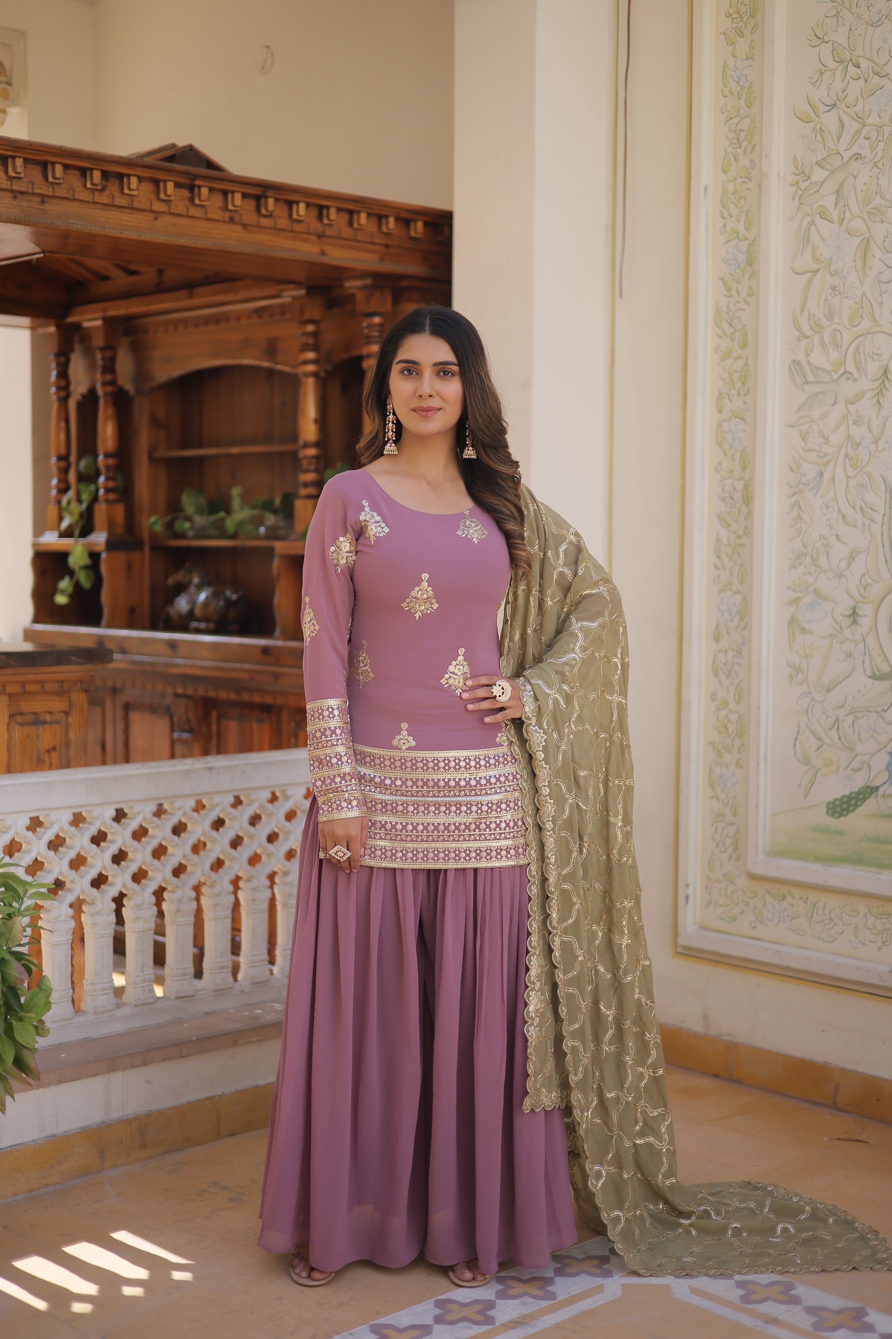 Teeya Creation Onion Color Faux Georgette Heavy Embroidery Work Fully Stitched Plazo pair | Grocsy