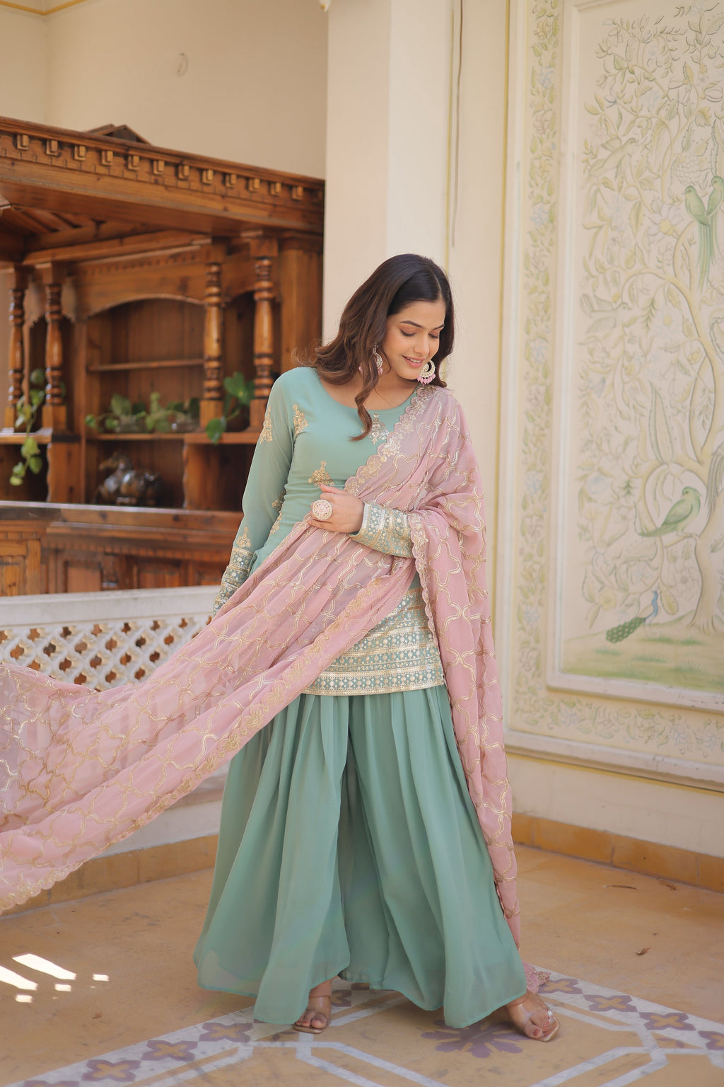 Teeya Creation Turquoise Color Faux Georgette Heavy Embroidery Work Fully Stitched Plazo pair | Grocsy
