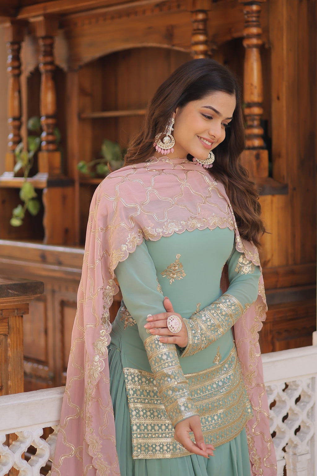 Teeya Creation Turquoise Color Faux Georgette Heavy Embroidery Work Fully Stitched Plazo pair | Grocsy