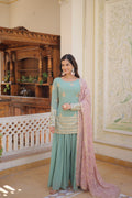 Teeya Creation Turquoise Color Faux Georgette Heavy Embroidery Work Fully Stitched Plazo pair | Grocsy