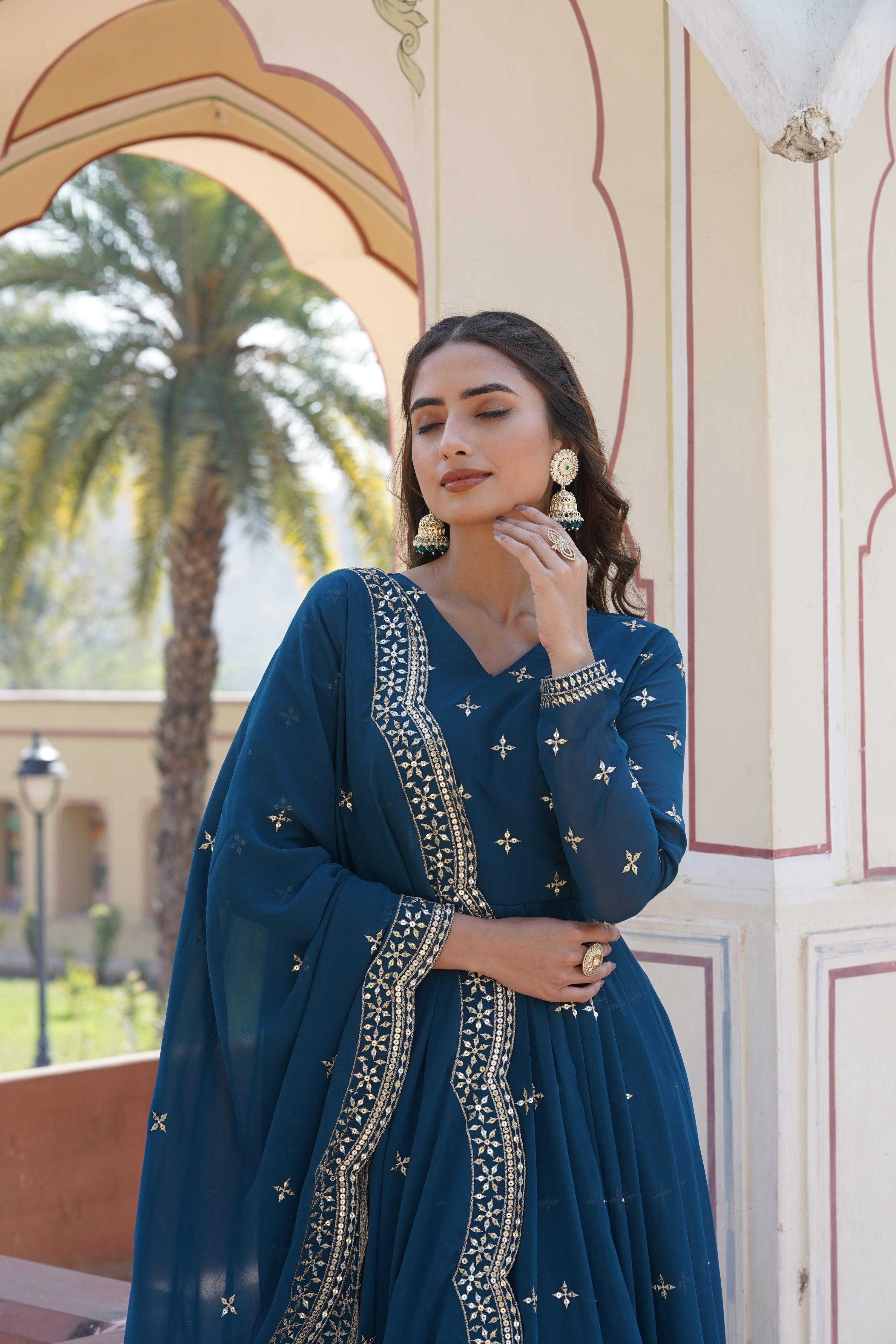 Teeya Creation Teal Color Faux Georgette Party Wear Heavy Embroidery Work Fully Stitched Gown | Grocsy