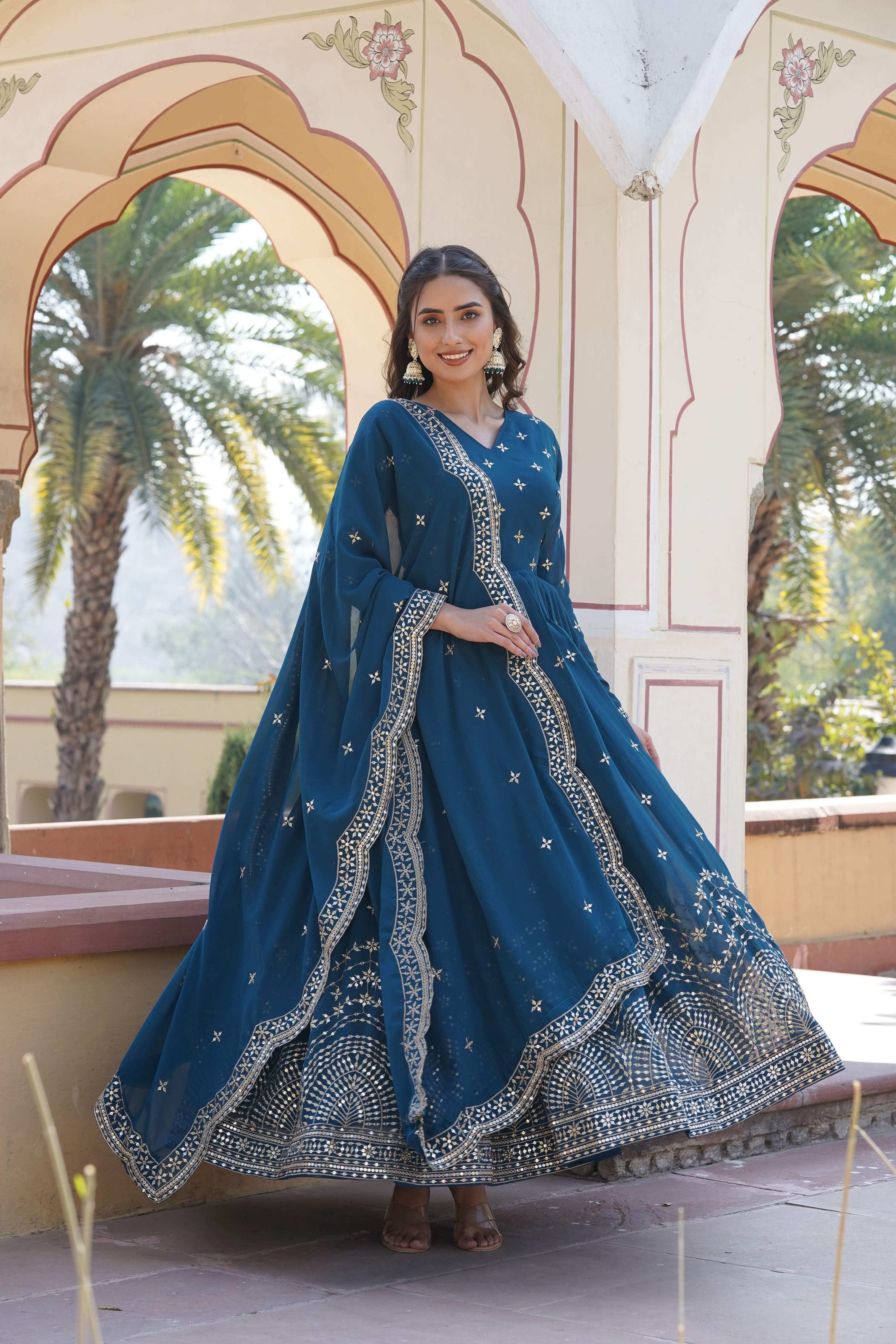 Teeya Creation Teal Color Faux Georgette Party Wear Heavy Embroidery Work Fully Stitched Gown | Grocsy