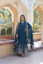 Teeya Creation Teal Color Faux Georgette Party Wear Heavy Embroidery Work Fully Stitched Gown | Grocsy