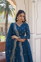 Teeya Creation Teal Color Faux Georgette Party Wear Heavy Embroidery Work Fully Stitched Gown | Grocsy