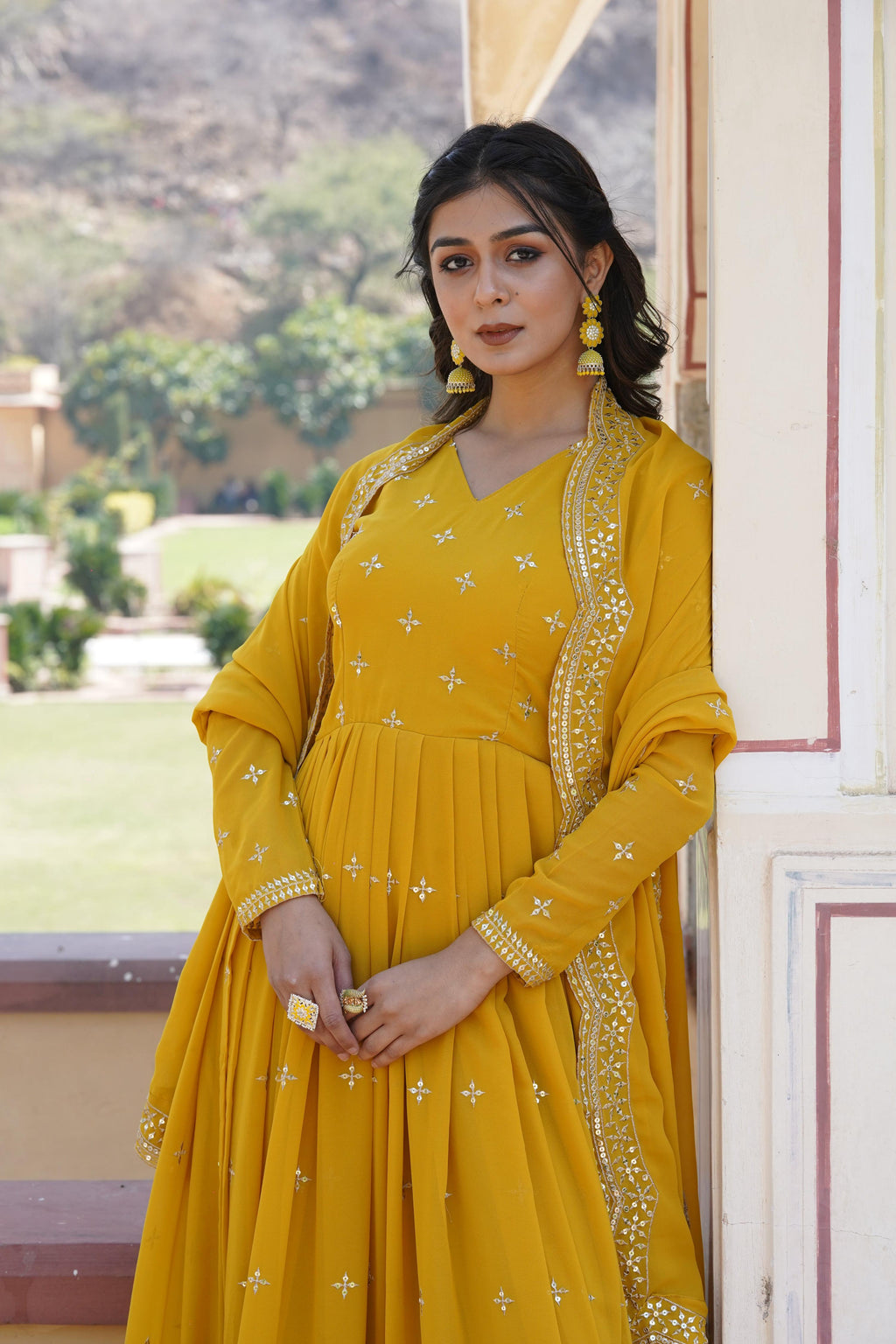 Teeya Creation Yellow Color Faux Georgette Party Wear Heavy Embroidery Work Fully Stitched Gown | Grocsy