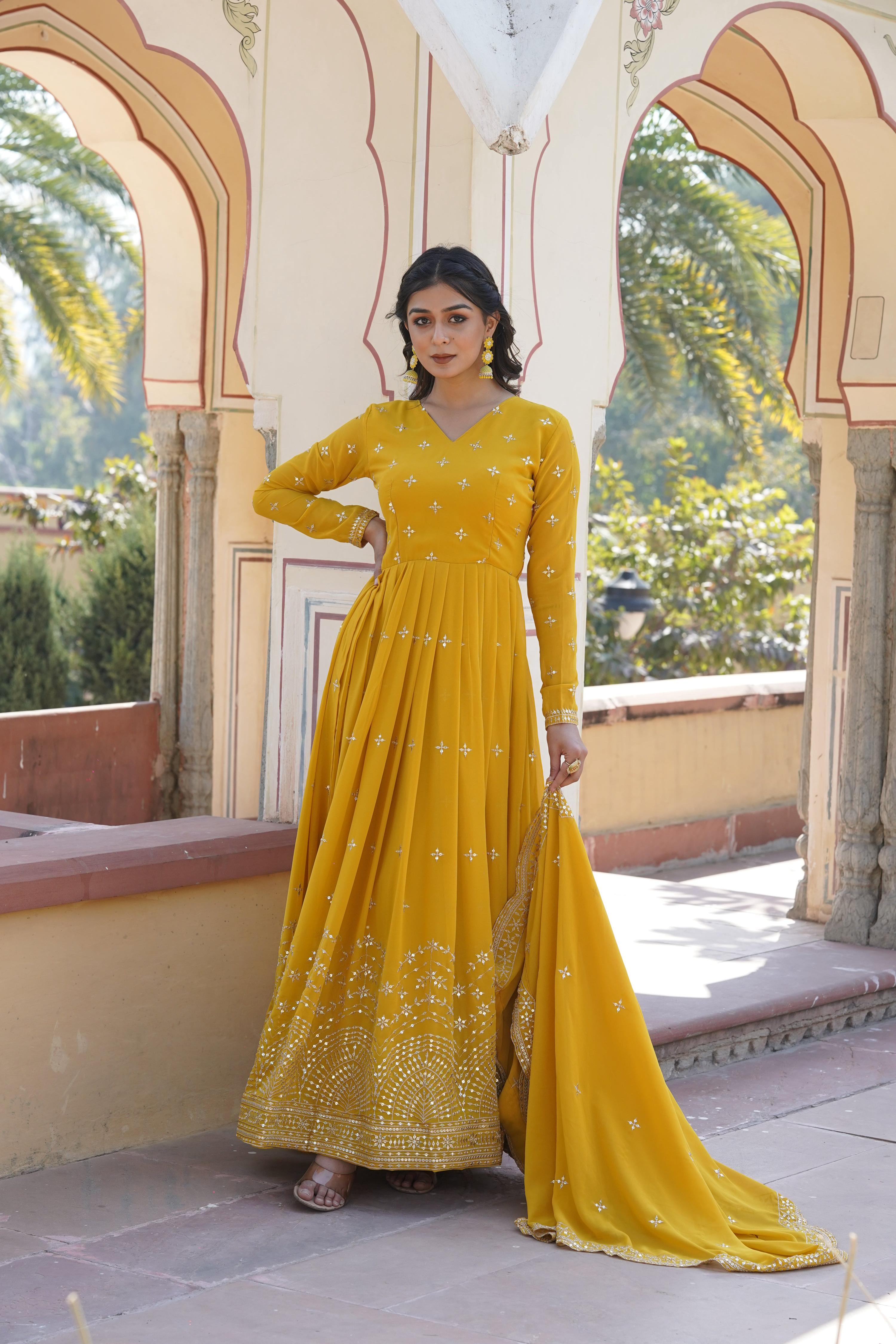 Teeya Creation Yellow Color Faux Georgette Party Wear Heavy Embroidery Work Fully Stitched Gown | Grocsy