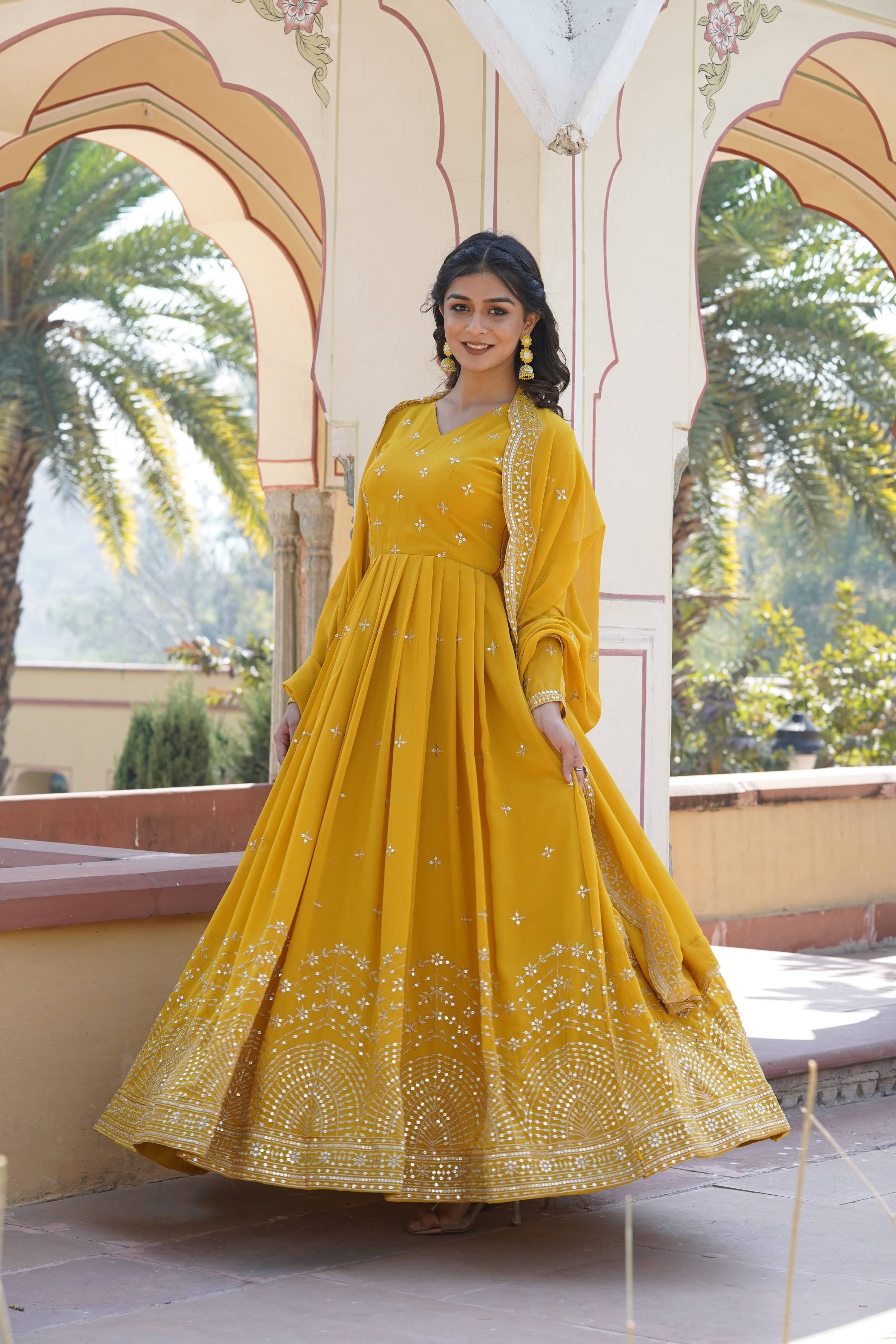 Teeya Creation Yellow Color Faux Georgette Party Wear Heavy Embroidery Work Fully Stitched Gown | Grocsy