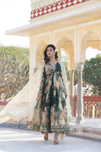 Teeya Creation Green Color Russian Silk Digital Print With Embroidery Work Fully Stitched Gown | Grocsy