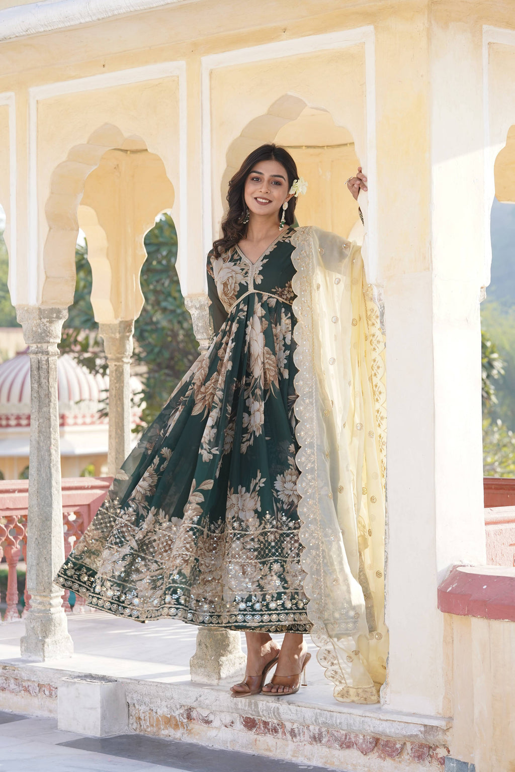 Teeya Creation Green Color Russian Silk Digital Print With Embroidery Work Fully Stitched Gown | Grocsy