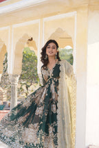 Teeya Creation Green Color Russian Silk Digital Print With Embroidery Work Fully Stitched Gown | Grocsy