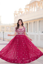 Teeya Creation Pink Color Faux Georgette Embroidery Sequence Work Fully Stitched Gown | Grocsy