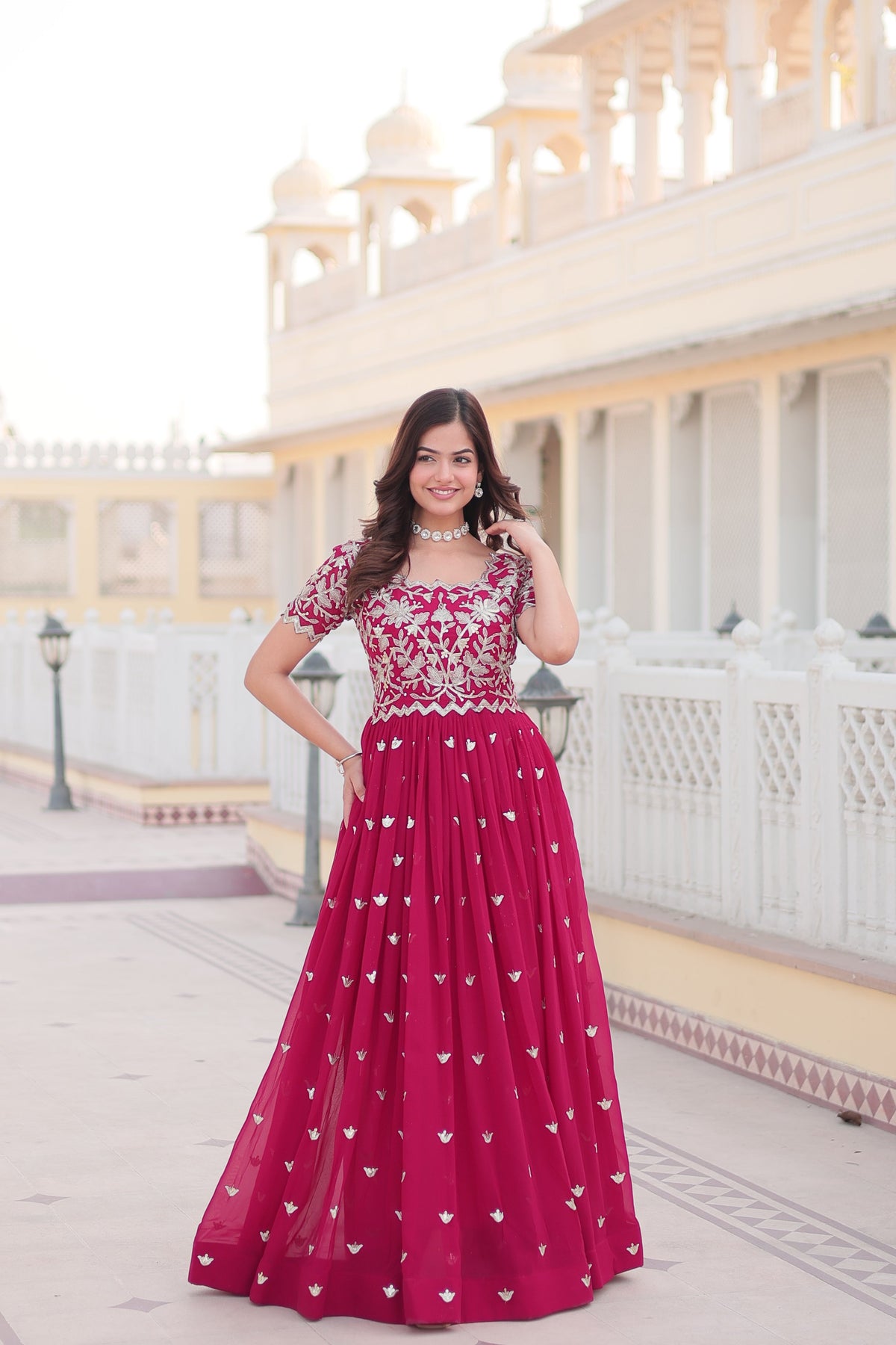 Teeya Creation Pink Color Faux Georgette Embroidery Sequence Work Fully Stitched Gown | Grocsy