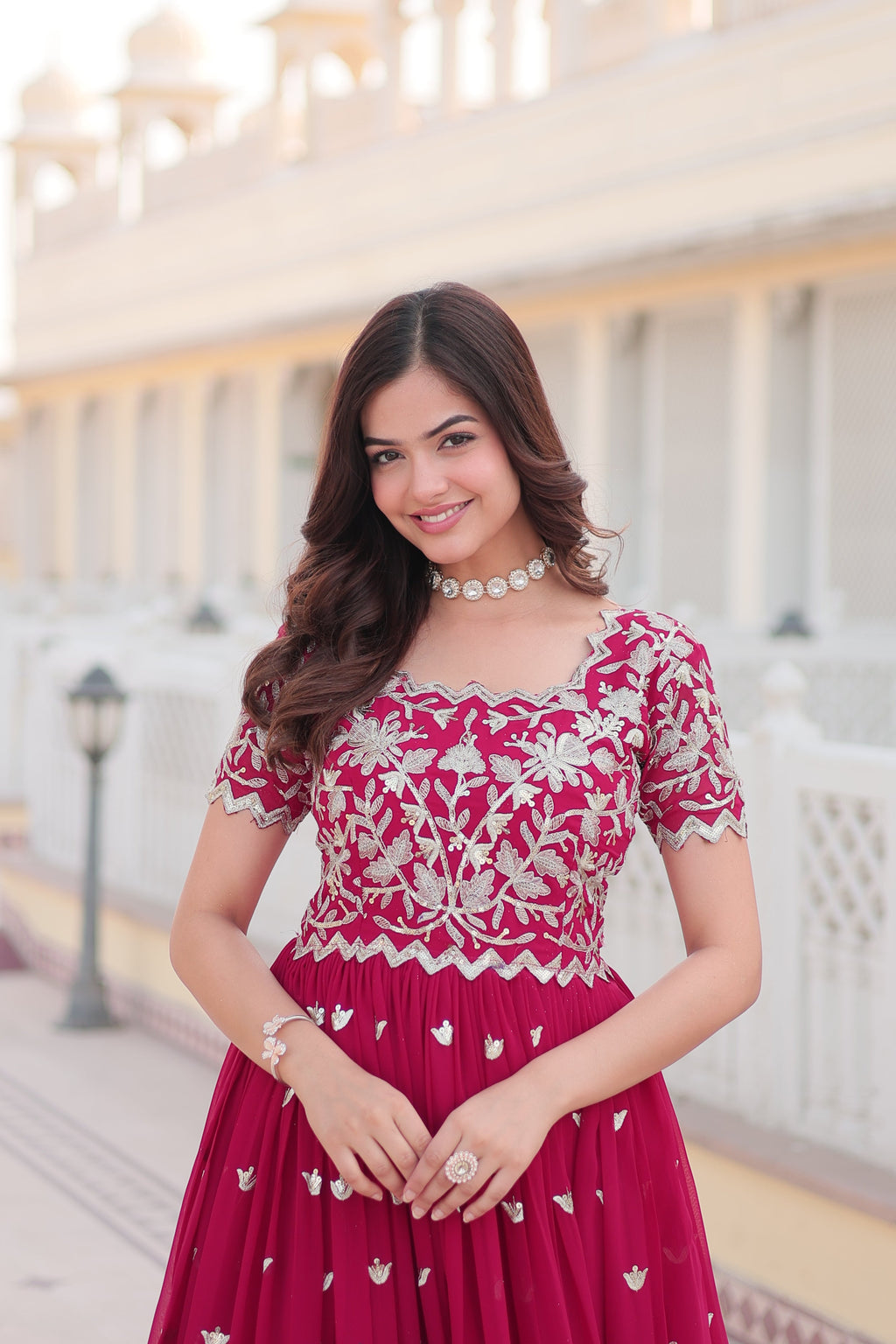Teeya Creation Pink Color Faux Georgette Embroidery Sequence Work Fully Stitched Gown | Grocsy